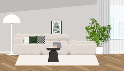 Luxurious living room with parquet flooring and modular bubble sofa.