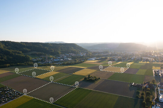 Land plot in aerial view. Gps registration survey of property, real estate for map with location, area. Concept for residential construction and development. Also home, house for sale, buy, purchase.