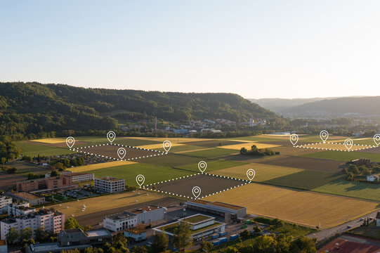 Land plot in aerial view. Gps registration survey of property, real estate for map with location, area. Concept for residential construction and development. Also home, house for sale, buy, purchase.
