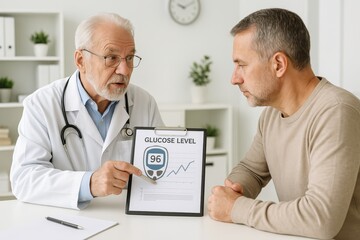 Elderly male doctor discussing glucose levels with middle-aged caucasian man in a medical office. concept of health consultation, diabetes awareness, doctor-patient interaction