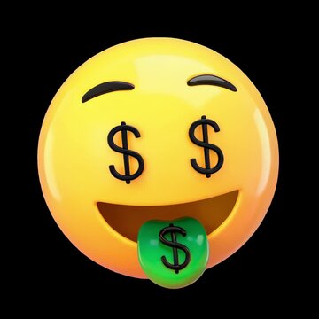 Emoji expressing financial excitement animation isolated asset, transparent 4K video, alpha channel, ProRes 4444