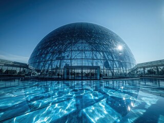 Obraz premium Modern Glass Dome Swimming Pool: Contemporary Architecture in a Sunlit Urban Aquatic Center