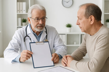 Senior male doctor holding white empty clipboard with copy space while discussing diagnosis with older male patient during consultation in medical office. healthcare, patient care, medical examination