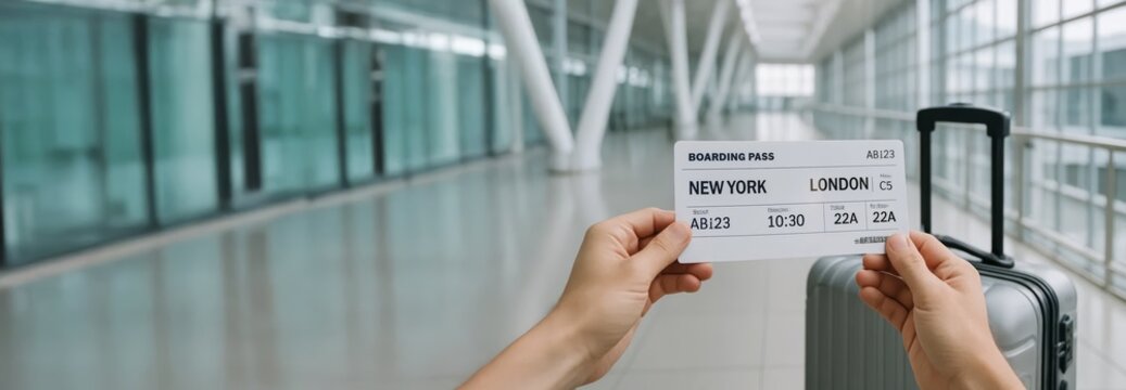 Hands holding boarding pass flight details at modern airport. concept of travel plans, international journey, exciting adventure