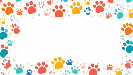Colorful paw print illustration with vibrant patterns surrounding a blank space, ideal for pet-related designs, invitations, or announcements, showcasing playful and cheerful elements