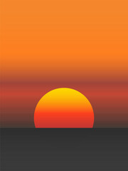 Sunset over the sea illustration in orange shades. Vector illustration with the disk of the sun setting over the sea for your graphic design.