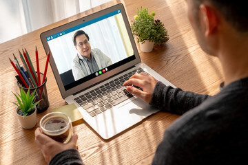 Doctor video call online by modish telemedicine software application for virtual meeting with...