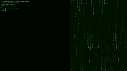 Hacker terminal interface with green text on black, simulating a system breach. Right panel features a dynamic digital "matrix rain" effect. Cyberpunk, coding, data stream. - Powered by Adobe