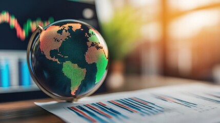 Globe with World Map on Desk with Financial Charts and Graphs