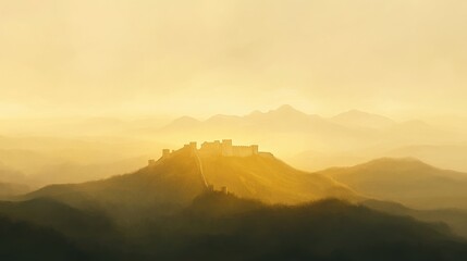 Misty sunrise over the Great Wall with golden light diffused through clouds and rolling hills