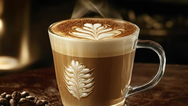 Coffee beverage in glass with latte art, coffee beans on rustic wood