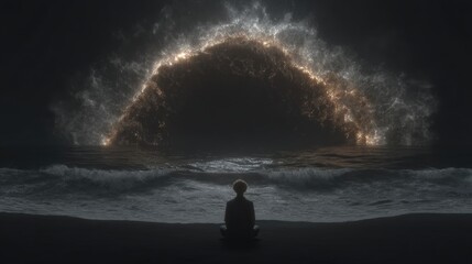 Solitary Figure Contemplating Dramatic Ocean Wave at Night