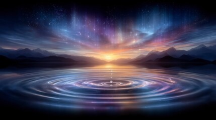 Serene Sunset  Water Drop Ripples  Mountains  and Starry Sky