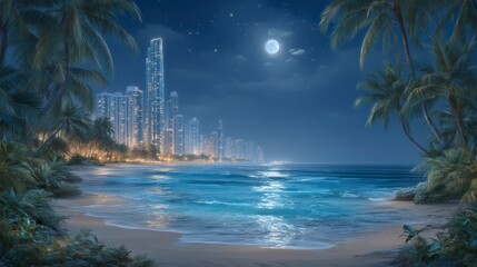 Nighttime Tropical Beach Cityscape  Moonlit Ocean  Skyscrapers  Palm Trees
