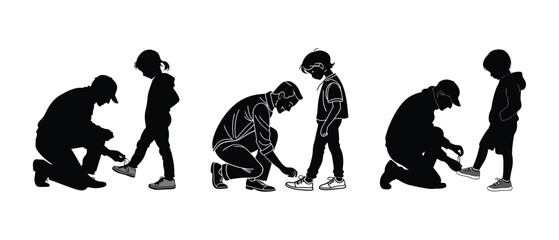 Father Kneeling to Tie Child’s Shoelaces Set– Flat Minimal Vector Symbolizing Love and Support on Father’s Day