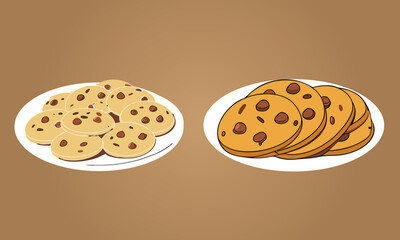 Cookie with chocolate chips in a plate vector illustration.