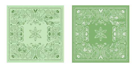 Set of western bandanas with paisley pattern. Floral design for scarves, fabric, and textile backgrounds. Retro bandana prints in green tones, featuring ethnic ornaments and abstract swirls.