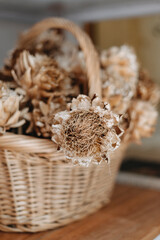 dried artichoke flowers in a basket