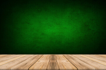 Empty table on dark green texture wall background. Composition with abstract or window shadow on the wall and light reflections. Mock up for presentation, branding products, cosmetics food or jewelry.