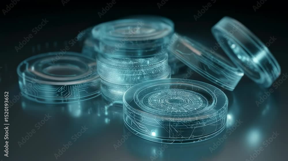 Poster glowing digital tokens with intricate circuitry spin and tumble, creating a dynamic visualization of