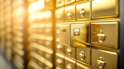 Golden Safe Deposit Boxes in Modern Bank Interior with Sunlight