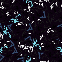 Seamless pattern with small abstract figures in blue and white shades on a dark background, reminiscent of camouflage. Vector illustration, For the design of stylish abstract patterns and backgrounds