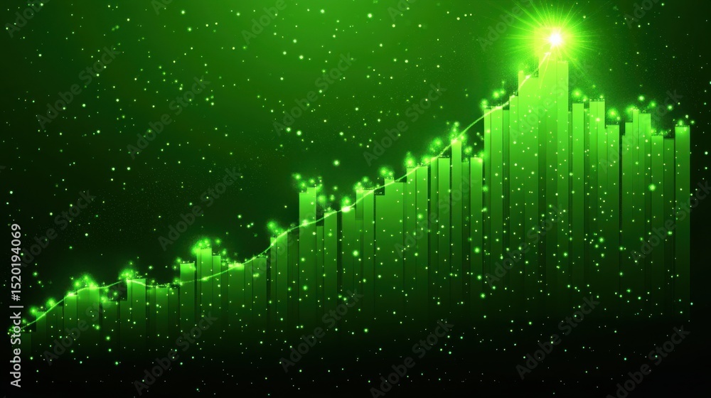 Poster green data visualization with rising graph and shimmering effects