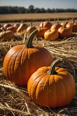 Close-up of ripe orange pumpkins resting on dry straw at a farm field during sunny autumn harvest season