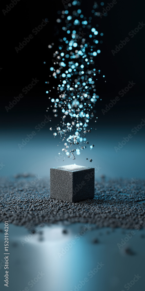 Poster a cube is surrounded by a cloud of blue and white particles. the cube is the center of attention and