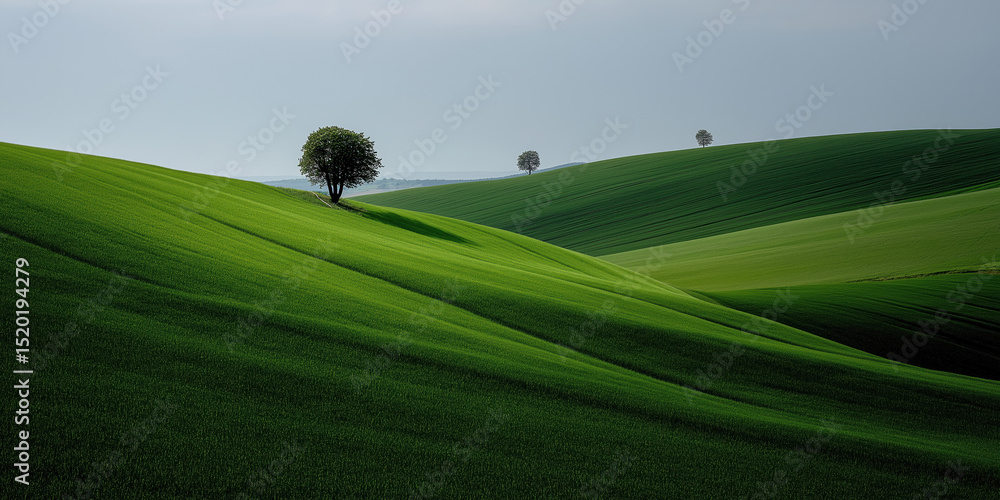 Poster a tree is standing in a field of green grass. the field is very large and the tree is the only objec