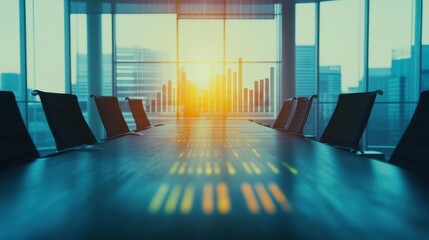 Modern Conference Room with Sunrise and City Skyline View