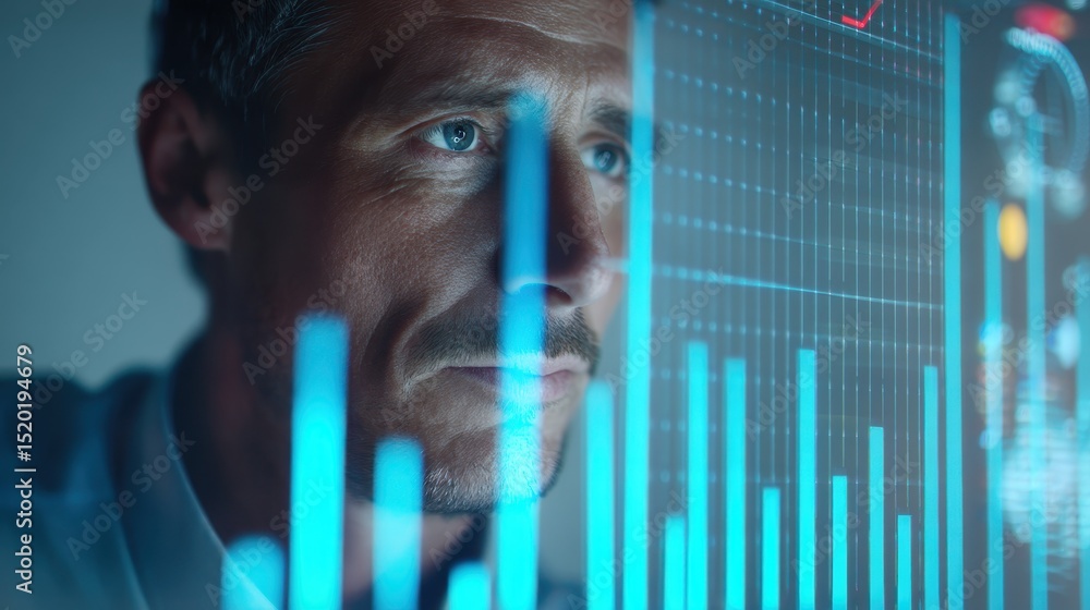 Poster stock market focused man analyzing data on a futuristic screen with glowing graphs and charts.