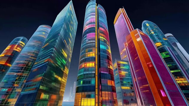 Minimalist skyscrapers with illuminated windows - Modern, Clean - Lights in rhythmic pattern - Night skyline
