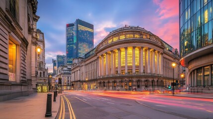 Obraz premium Majestic Cityscape at Dusk with Historic and Modern Architecture