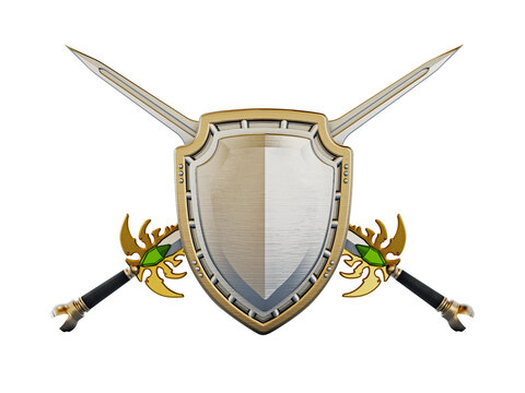 Shield and crossed swords on transparent background. 3D illustration