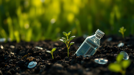  Small plant growing from plastic waste in fertile soil, concept of ecology, pollution and hope for environment