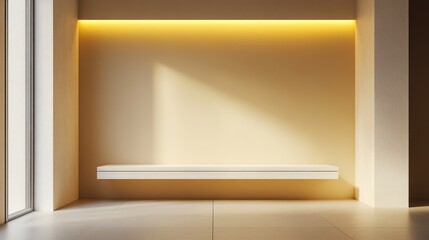 Modern Minimalist Interior with Shelf and Warm Ambient Lighting