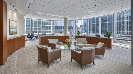 Modern Office Interior with Comfortable Seating and Large Windows