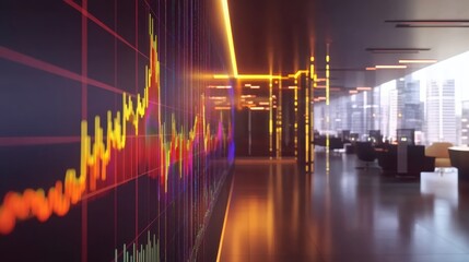 Modern Office Interior with Stock Market Graph and City View