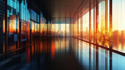 Modern Office Interior with Sunset View and City Skyline Reflections
