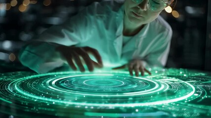 Female scientist interacting with advanced green holographic interface, manipulating translucent digital projection on glass surface with precise technological gestures - Powered by Adobe