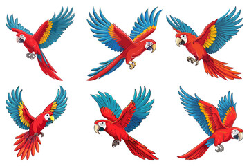Obraz premium A cartoon Macaw with its wings spread out, Scarlet macaw flying, cartoon bird of tropical jungle. Big yellow, red and blue parrot, flight of cartoon scarlet macaw, set