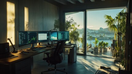 Modern office with large windows overlooking city and water view