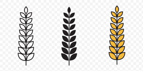 Wheat icon set. Collection of black wheat ear silhouettes, ideal for agriculture logos, organic product labels, and rural themed designs. Vector illustration. EPS 10.