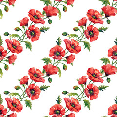 Large red poppy flowers, watercolor flowers collection, seamless pattern on white background.