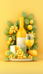 A vibrant and colorful composition featuring yellow wine, fresh fruits, and gourmet cheese in a sunny aesthetic