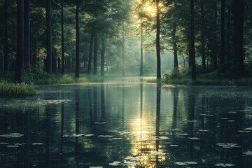 Misty Forest Lake Reflection. Serene Wilderness and Eco-Friendly Tranquility