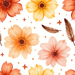 Obraz premium Watercolor Floral Pattern with Feathers and Stars on White Background created by Generative AI.