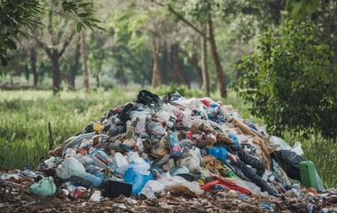 A large pile of trash in the forest, Garbage in the forest