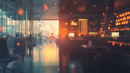 Modern Office Interior with Data Visualization and Urban View